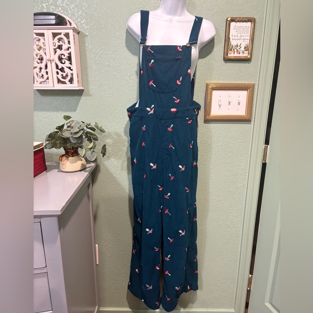 Cider Navy Blue Mushroom Embroidered Corduroy Overalls Jumpsuit - Picture 4 of 13